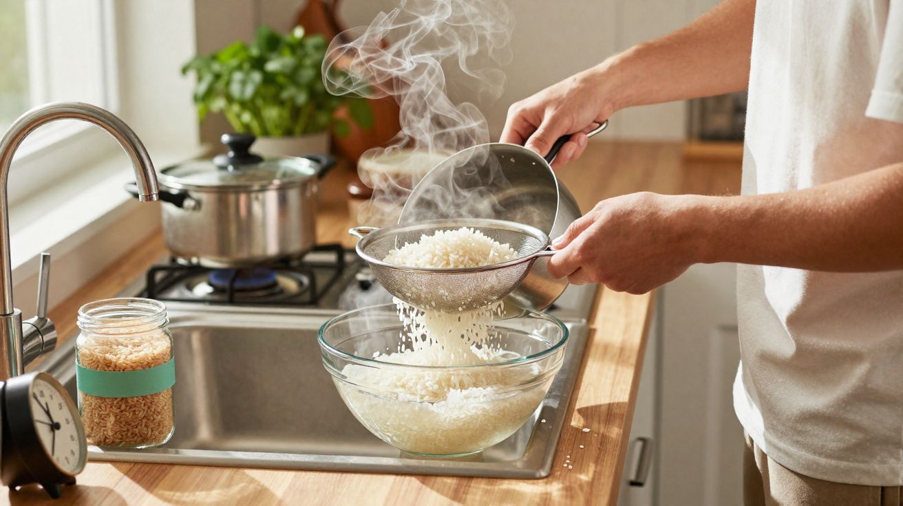 Pessoa a coar arroz com peneira para uma tigela na cozinha com vapor a subir.