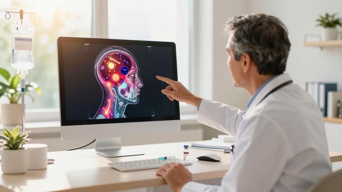 Médico aponta para imagens cerebrais coloridas num ecrã de computador num consultório moderno.