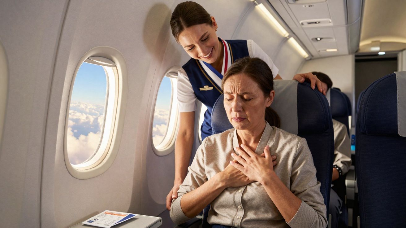 Passageira sente desconforto no peito e assistente de bordo oferece ajuda num avião.