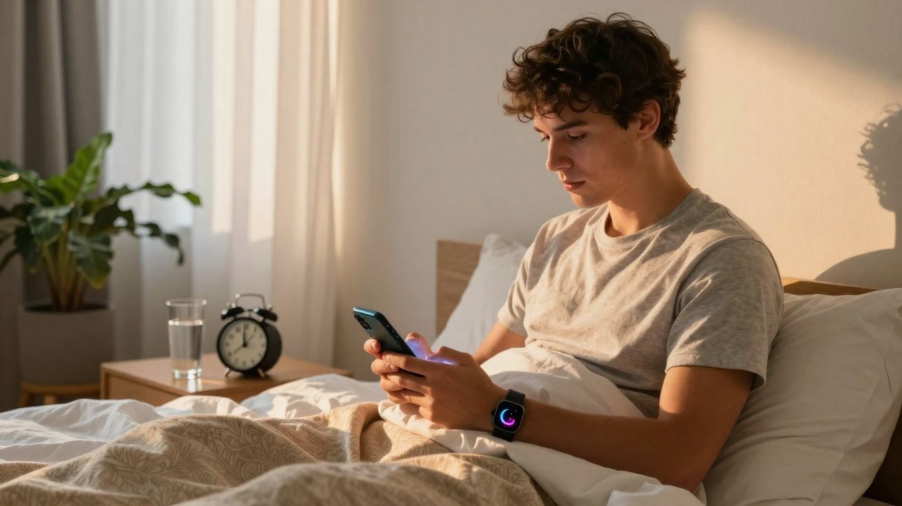 Jovem sentado na cama a usar telemóvel, com despertador e copo de água num móvel ao lado.
