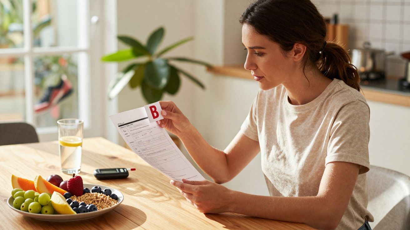 Mulher sentada à mesa em cozinha a consultar exame com resultado B, ao lado prato de frutas e medidor de glicose.