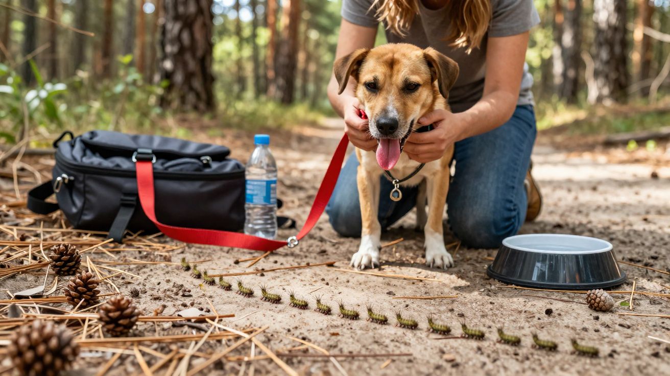 Mulher com cão junto a linha de lagartas no chão, mochila, garrafa de água e tigela na floresta.