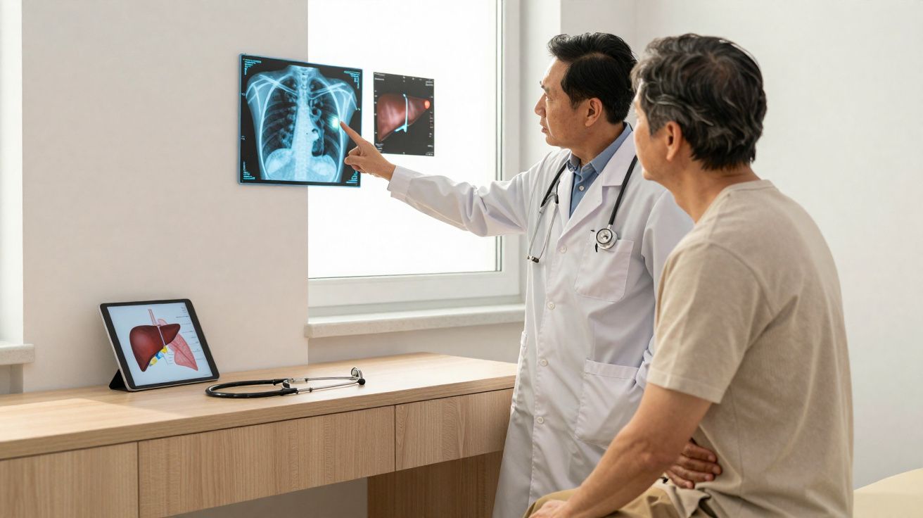 Médico explica a um paciente resultados de radiografias de tórax numa consulta num consultório.