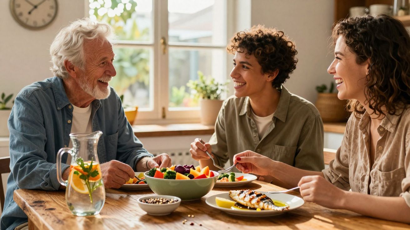 Três pessoas sorridentes a jantar numa mesa de madeira com frutas, legumes e peixe grelhado.