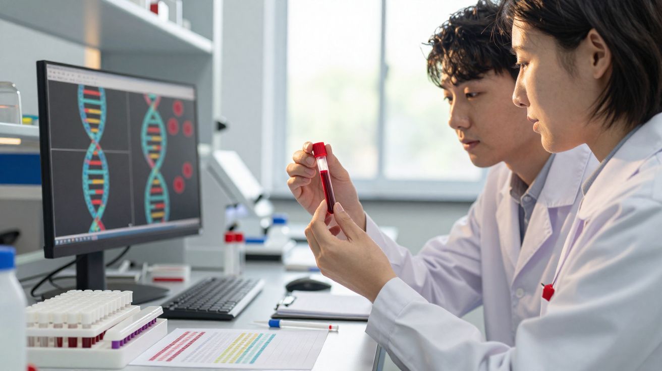 Dois cientistas em laboratório analisam amostra de sangue com imagens de DNA no ecrã do computador.