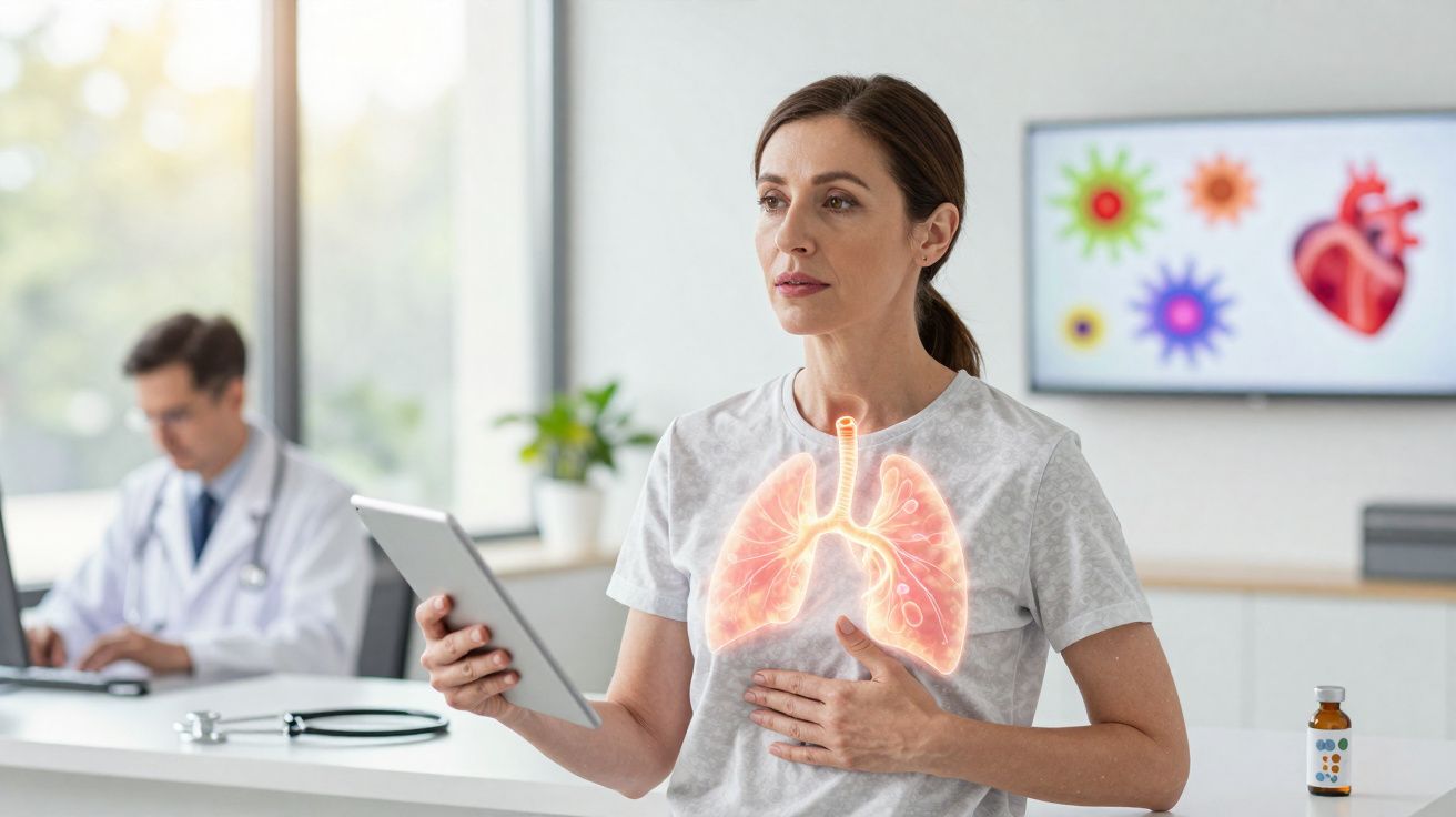 Mulher com ilustração digital dos pulmões toca o peito, consulta médica com doutor ao fundo.