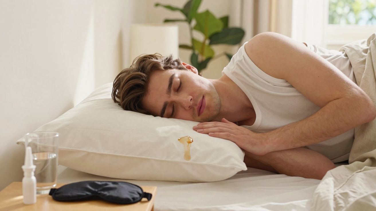 Homem a dormir de lado numa cama, com um aplicador de rolo dourado na almofada.