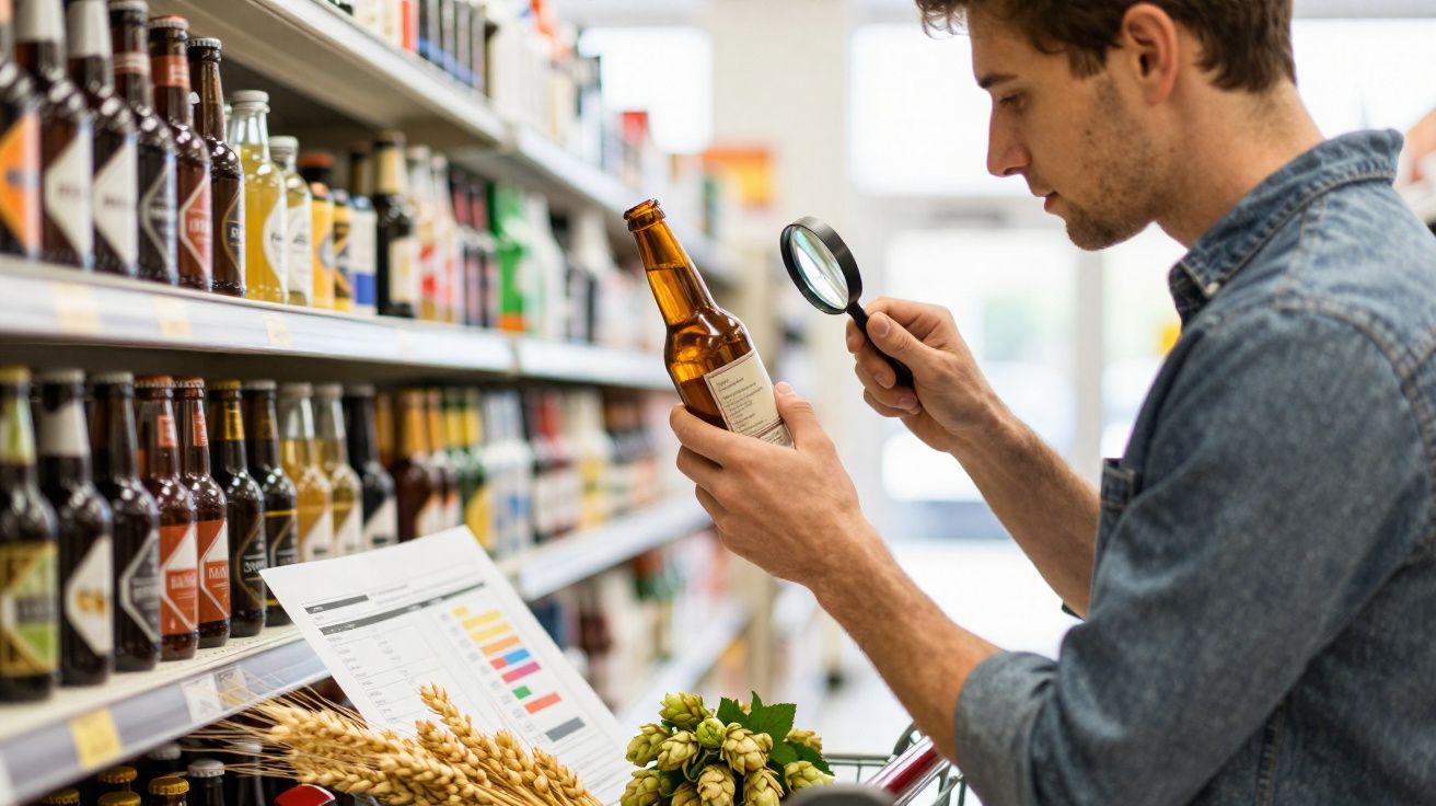 Homem analisa rótulo de cerveja com lupa num supermercado, com carrinho e grãos à frente.