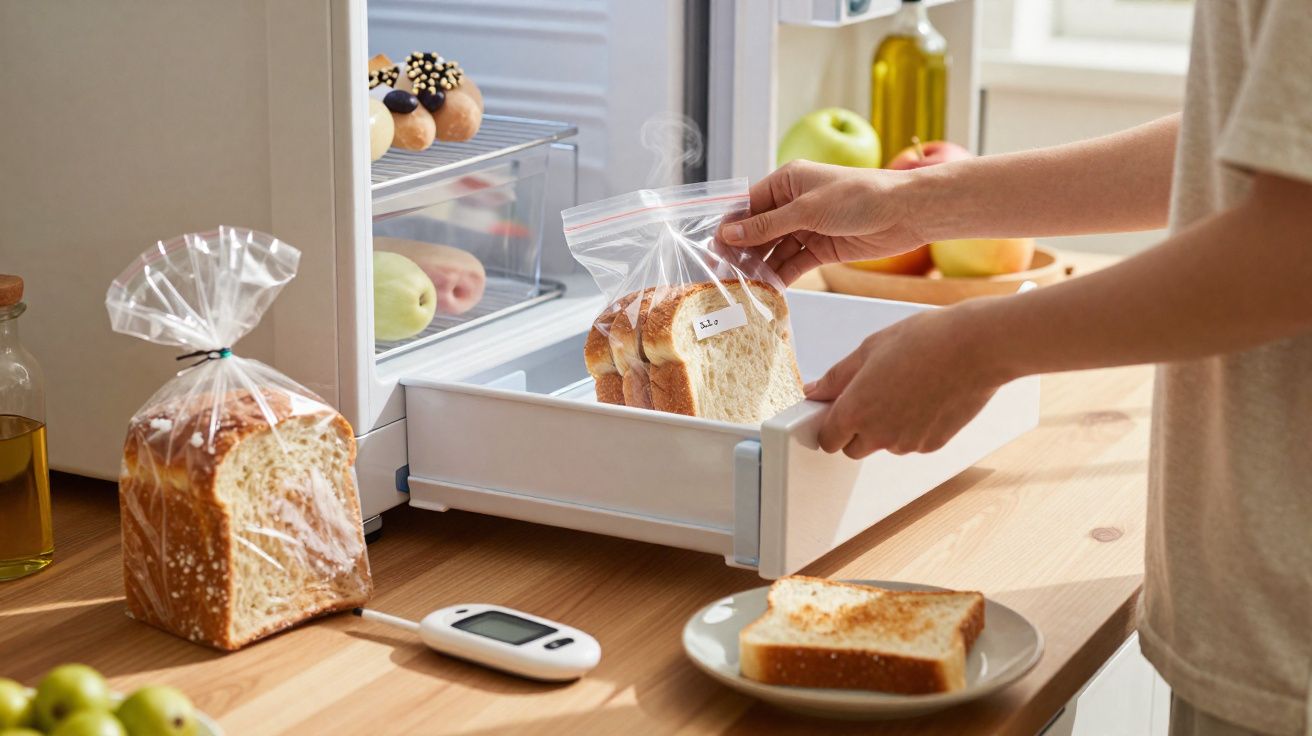 Mãos a guardar pão fatiado num saco plástico etiquetado dentro do frigorífico na cozinha iluminada.