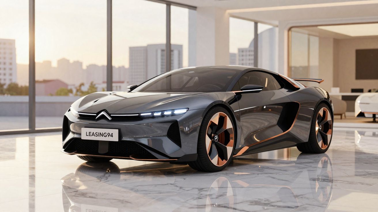 Carro desportivo cinzento metálico com detalhes em cobre em showroom moderno com grandes janelas panorâmicas.
