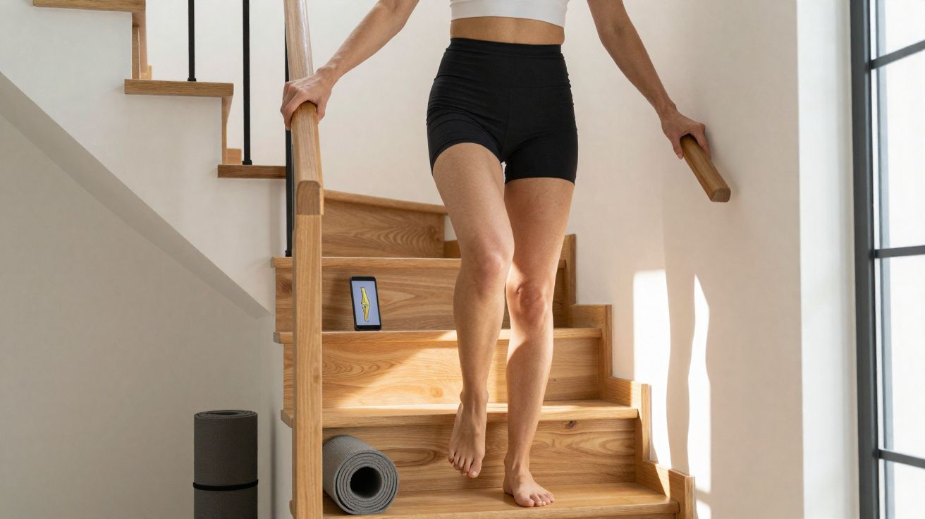 Pessoa descalça a descer escadas interiores de madeira, segurando corrimão, com tapete de yoga e coluna ao lado.