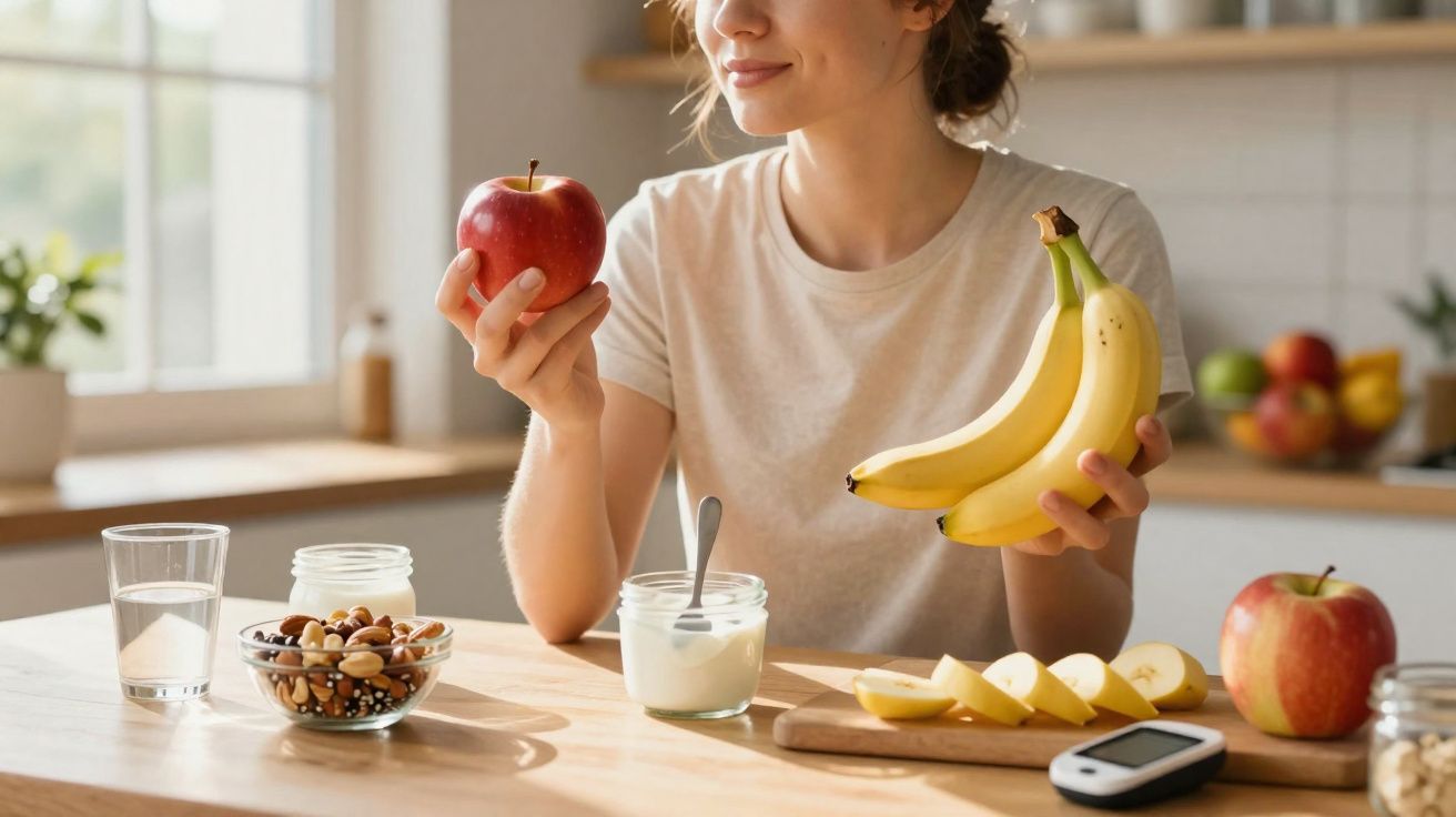 Mulher na cozinha a segurar maçã e bananas com fruta, iogurte e frutos secos na mesa.