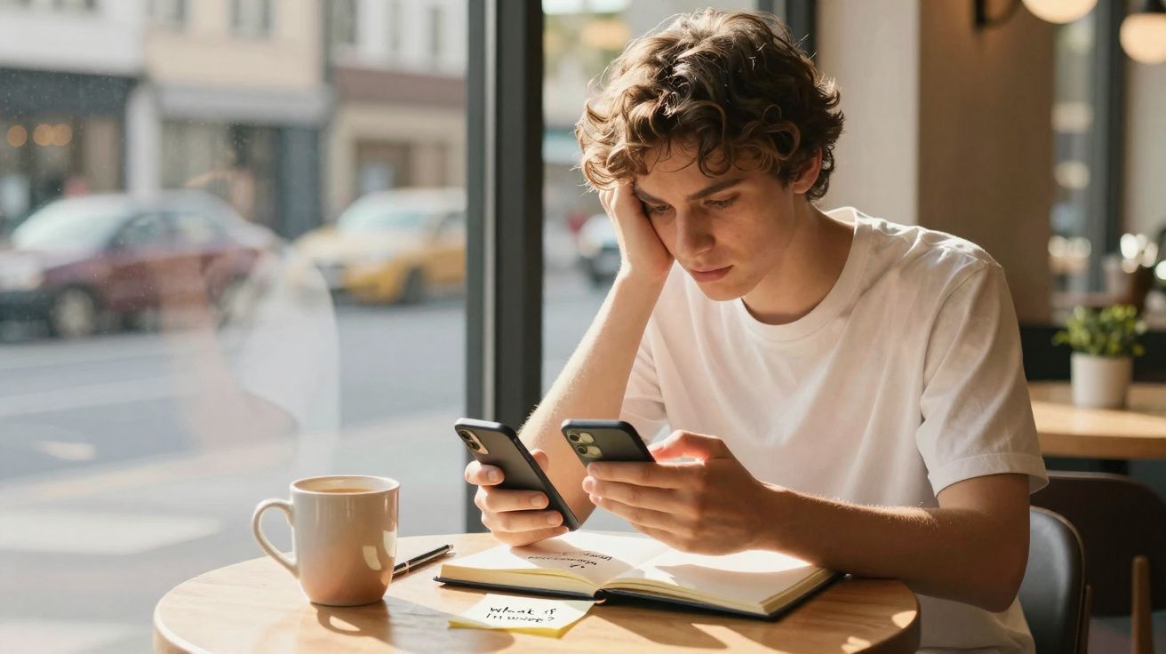 Jovem sentado numa mesa de café, a usar dois telemóveis e a consultar um caderno aberto.
