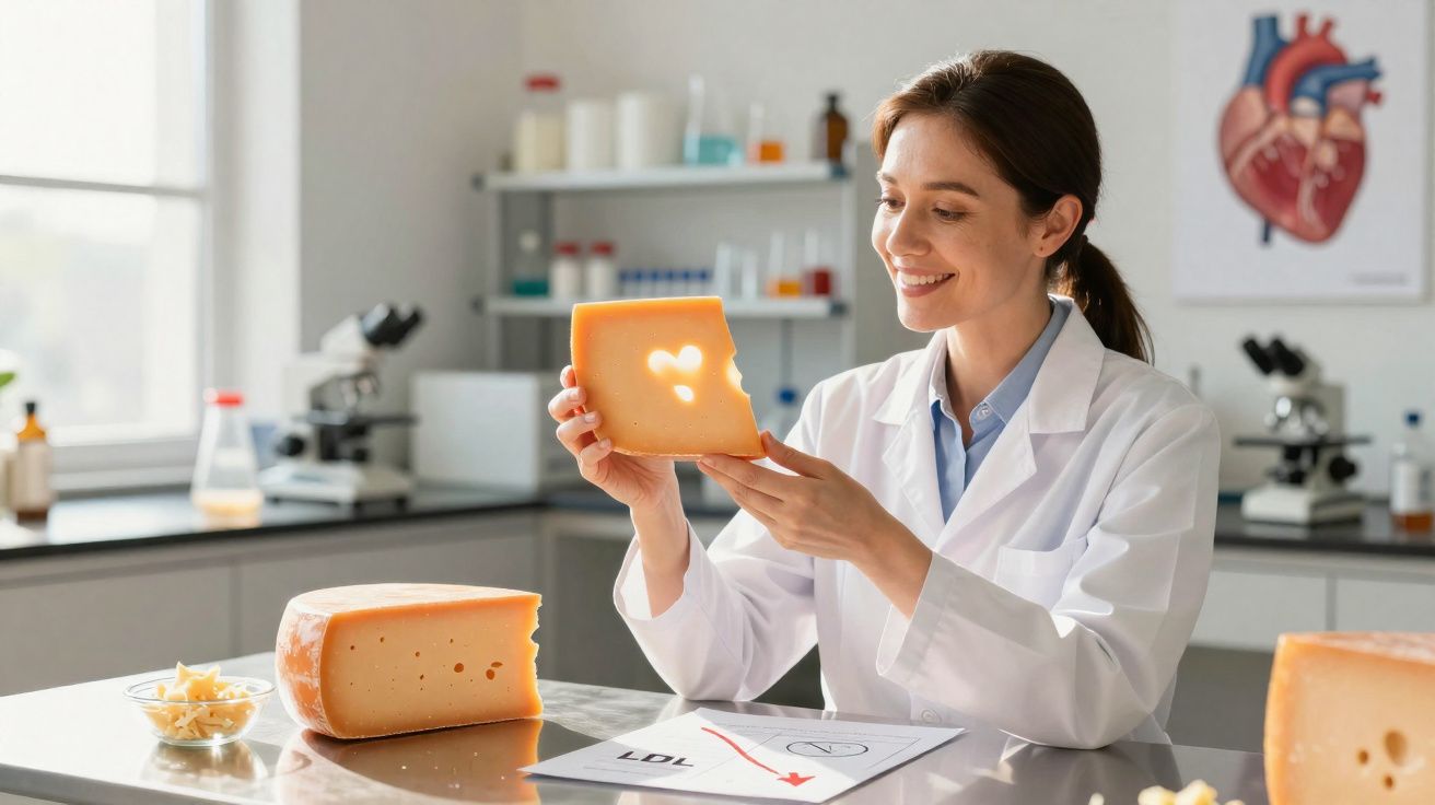 Cientista a analisar queijo com buracos em laboratório, com gráfico de colesterol sobre a mesa.