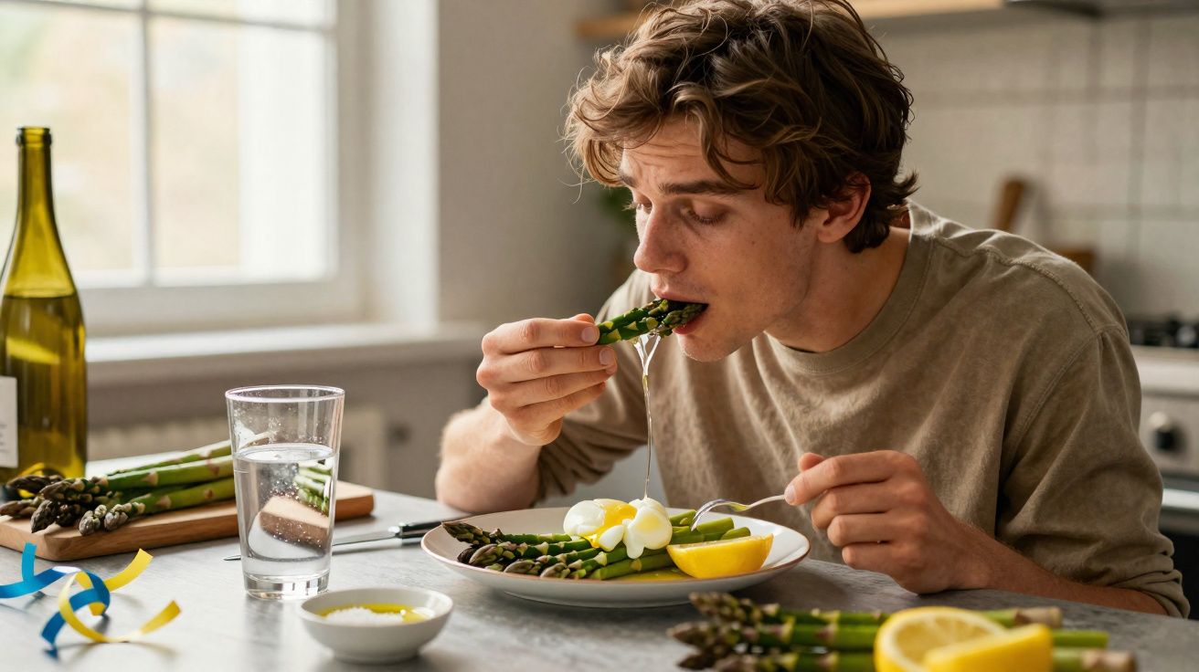 Homem a comer espargos com ovo cozido numa cozinha iluminada e bebida à mesa.