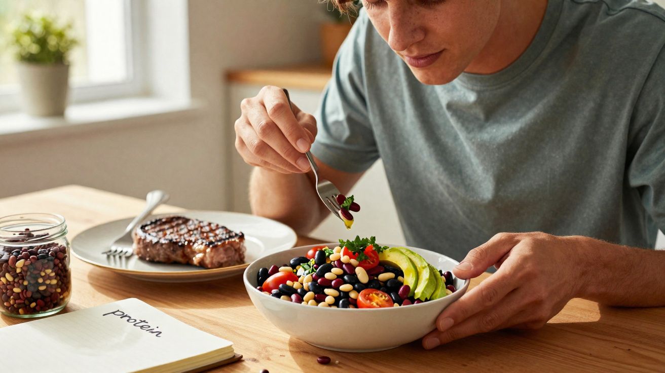 Pessoa a comer salada de feijão, tomate e abacate ao lado de bife numa mesa com caderno "proteína".