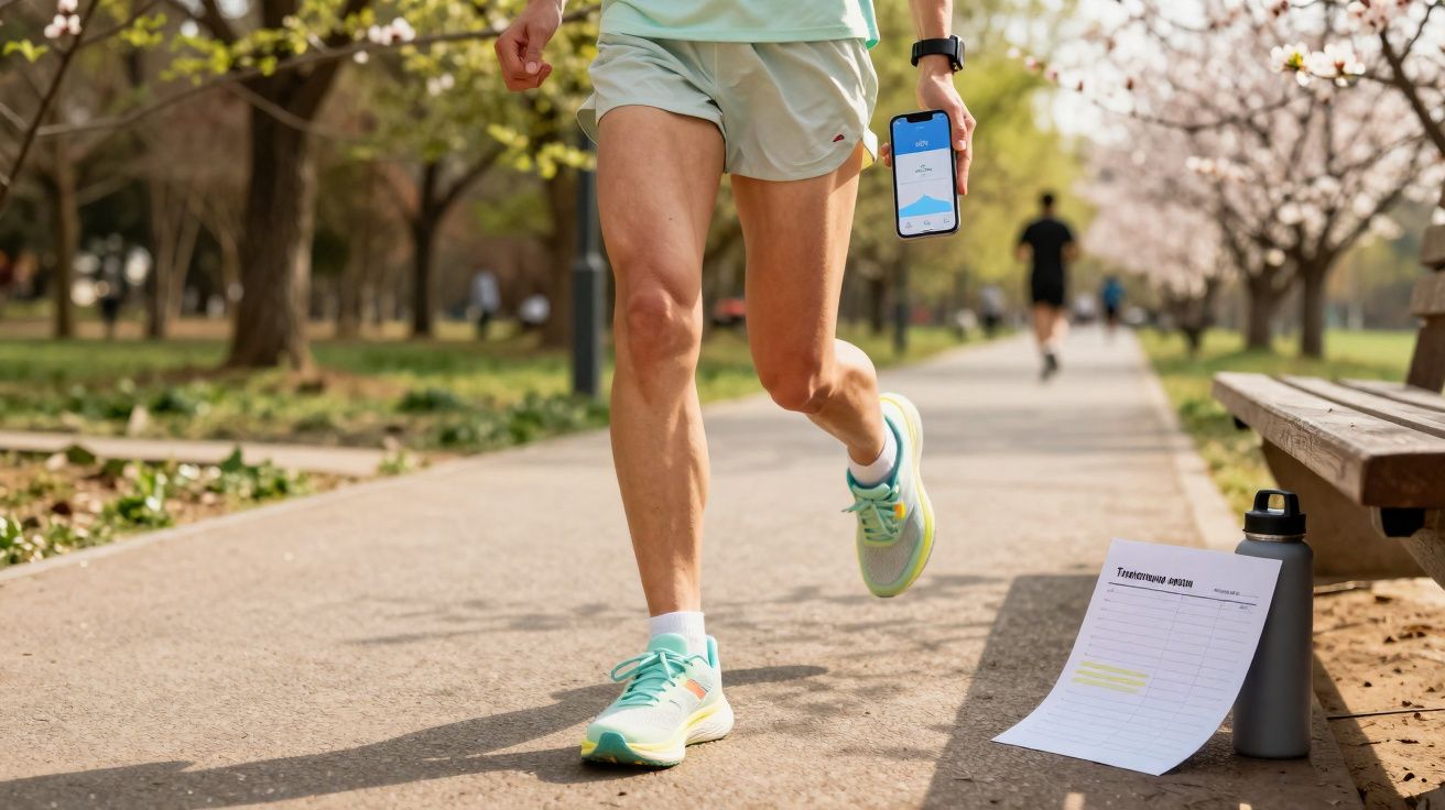 Pessoa a correr em parque com aplicação de monitorização no telemóvel, ao lado garrafa e plano de treino.