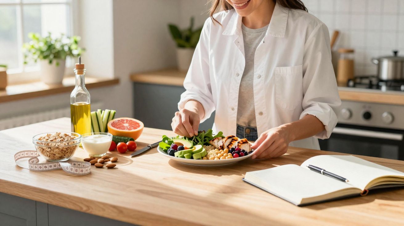 Mulher a preparar prato saudável com legumes, frutas e grão-de-bico numa cozinha moderna e iluminada.