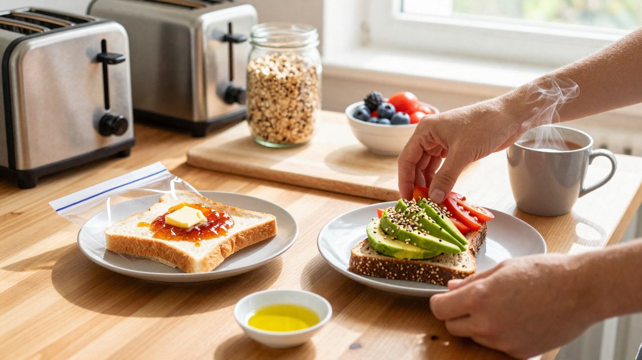 Mãos a preparar sanduíche com abacate e tomate, torrada com manteiga e compota, chá quente e frutas na bancada.