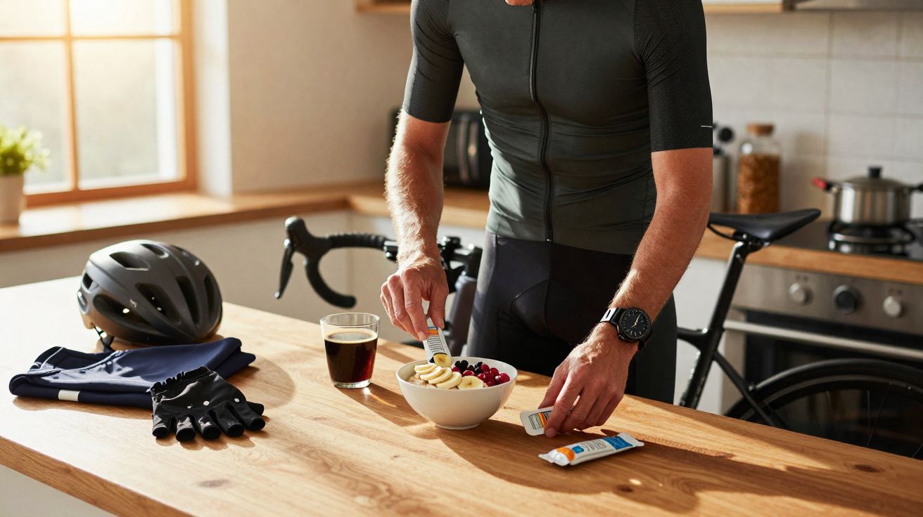 Ciclista a preparar um pequeno-almoço saudável com frutas e suplemento, ao lado de capacete, luvas e roupa de bicicleta na co