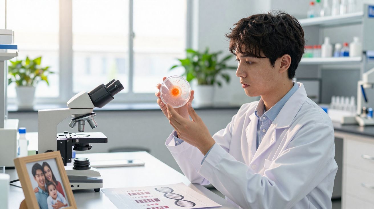 Cientista jovem a analisar uma placa de Petri numa bancada de laboratório com microscópio e gráfico de ADN.