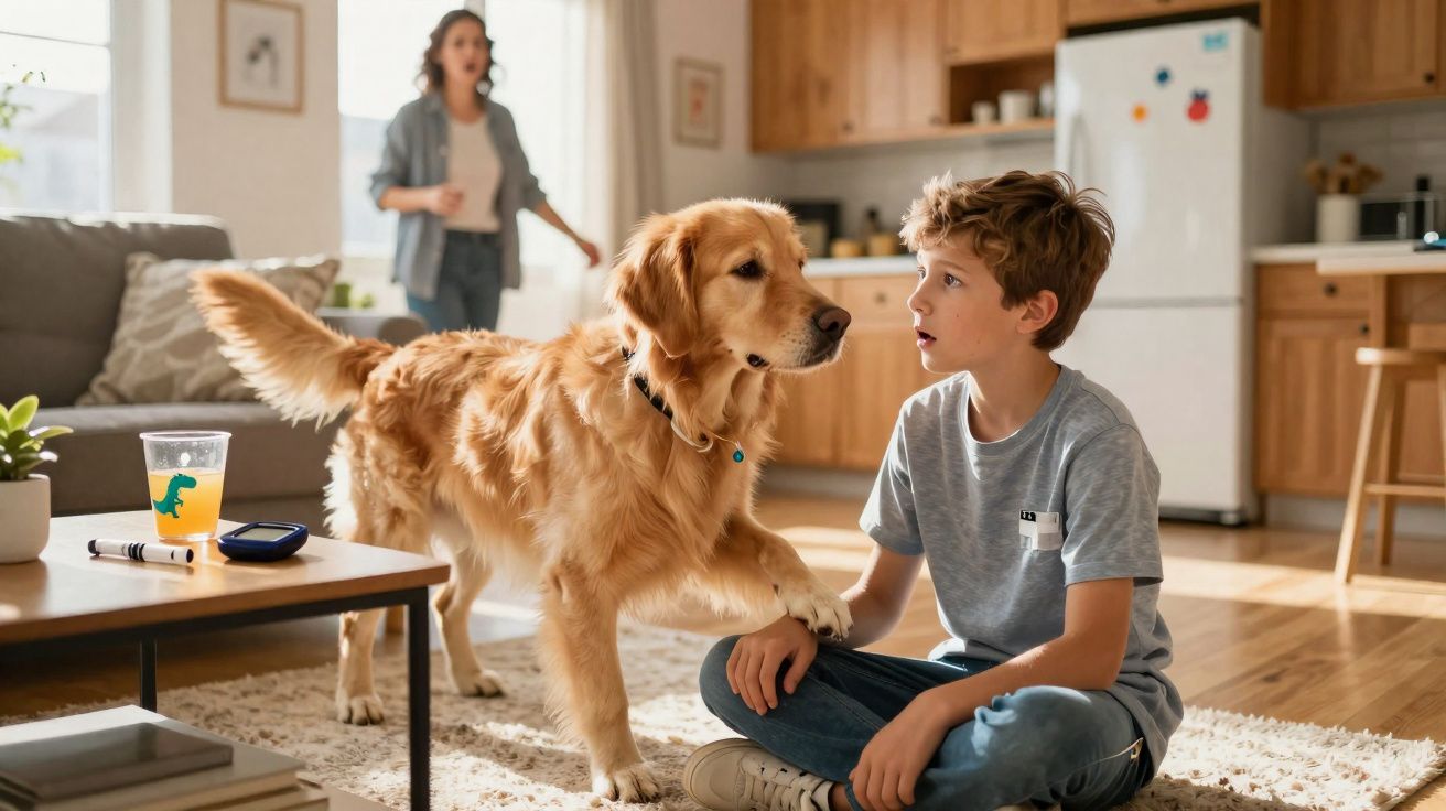 Criança sentada no chão a olhar para um cão golden retriever que lhe coloca a pata no joelho, mulher ao fundo.