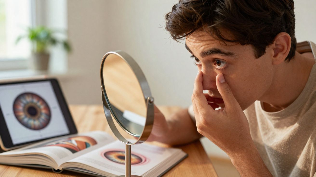 Homem a colocar lente de contacto sentado à mesa com espelho, livro e tablet à sua frente.