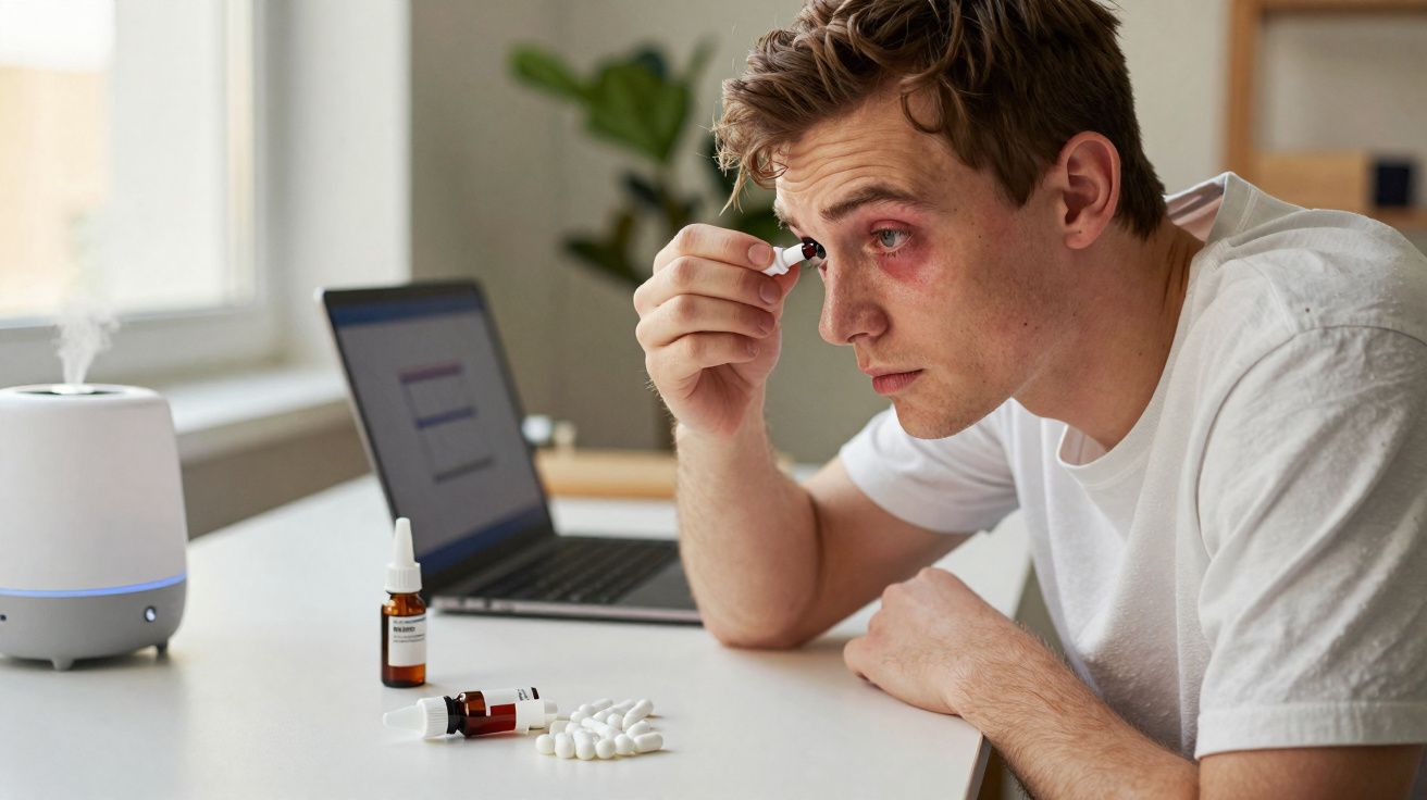 Homem com olhos vermelhos a aplicar colírio sentado numa mesa com laptop e medicamentos.