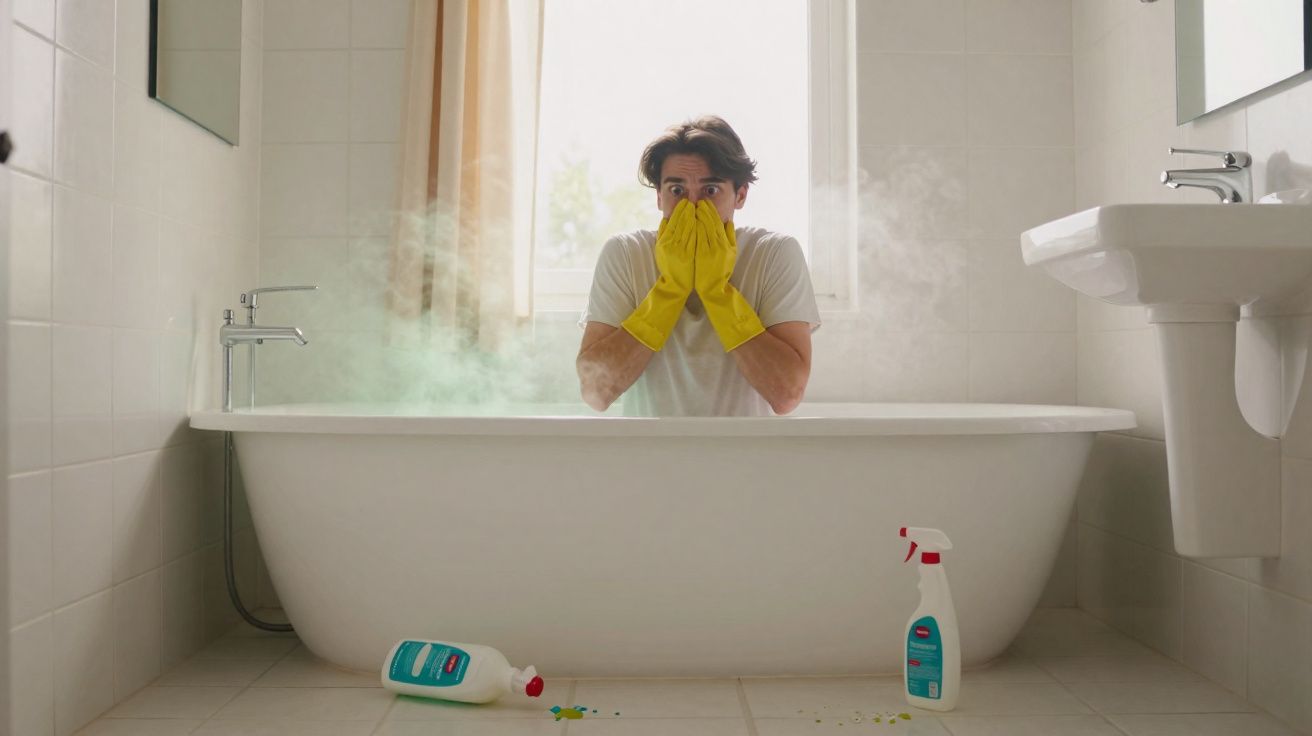 Homem com luvas amarelas cobre o rosto numa casa de banho com vapor e produtos de limpeza pelo chão.