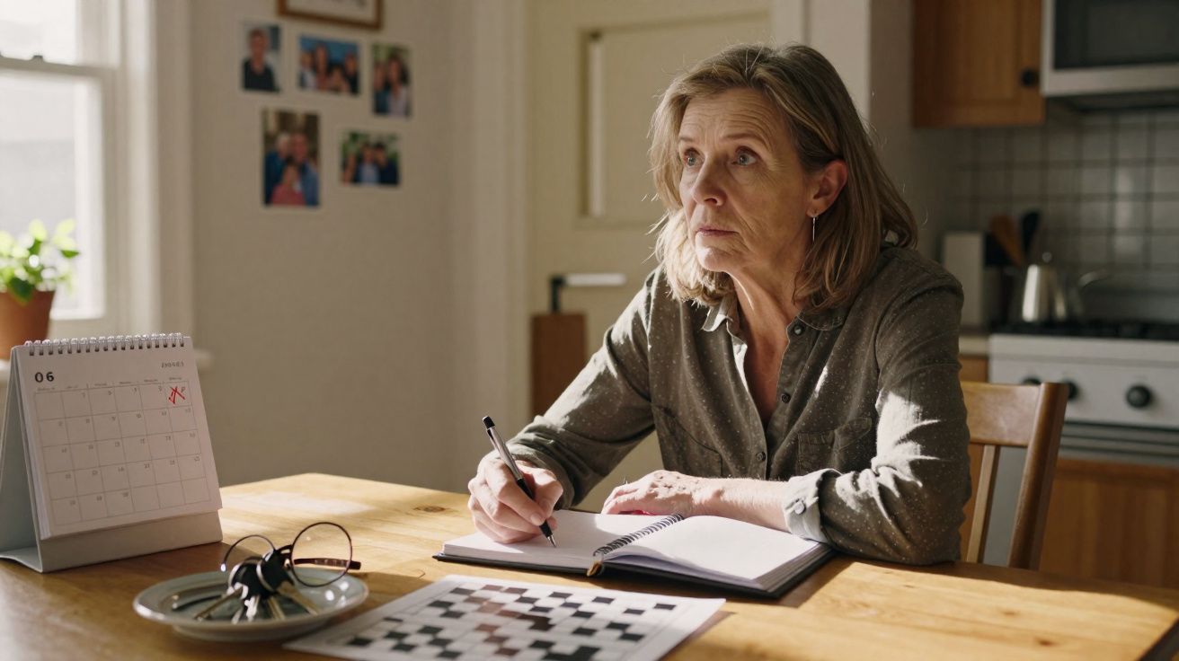 Mulher pensativa escreve num caderno sentada à mesa de cozinha com calendário e claves de casa.