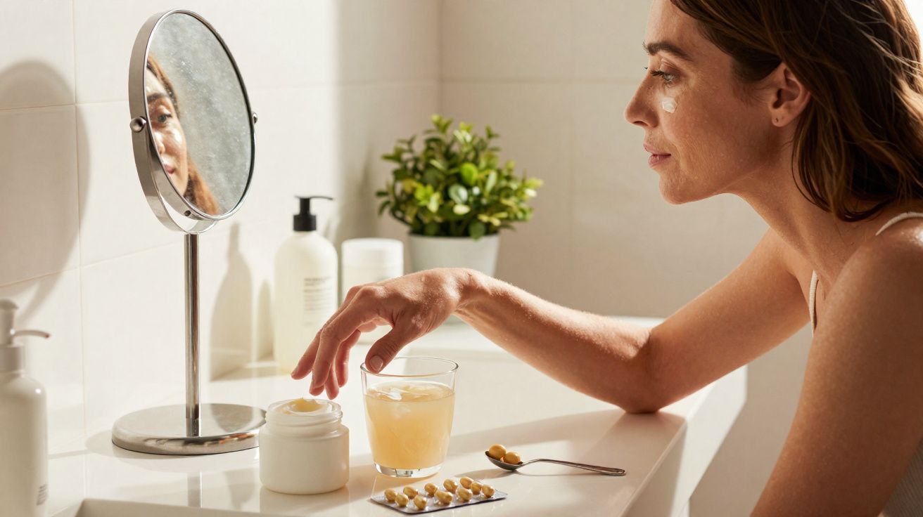 Mulher a aplicar creme no rosto, sentada à mesa com espelho, comprimidos e bebida num copo.