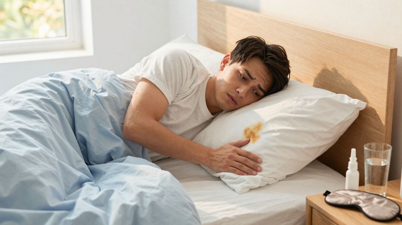 Homem deitado na cama olhando triste para nódoa na almofada, ao lado frasco e copo de água.