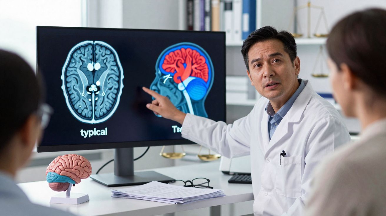Médico a explicar imagens cerebrais a pacientes numa consulta, com modelo de cérebro na mesa.
