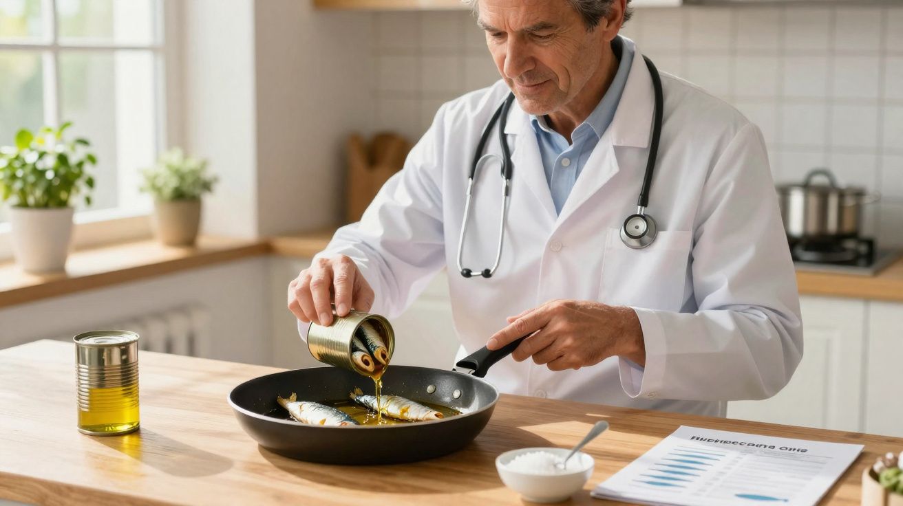 Médico a cozinhar sardinhas numa frigideira numa cozinha iluminada, com gráfico e ingredientes na mesa.