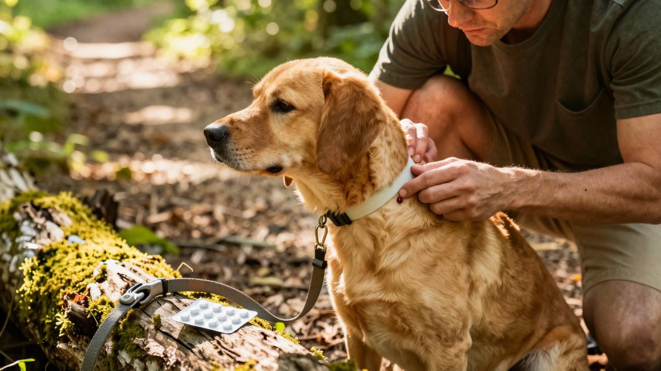 Homem coloca coleira num cão dourado num bosque, com comprimidos e trela sobre tronco caído.