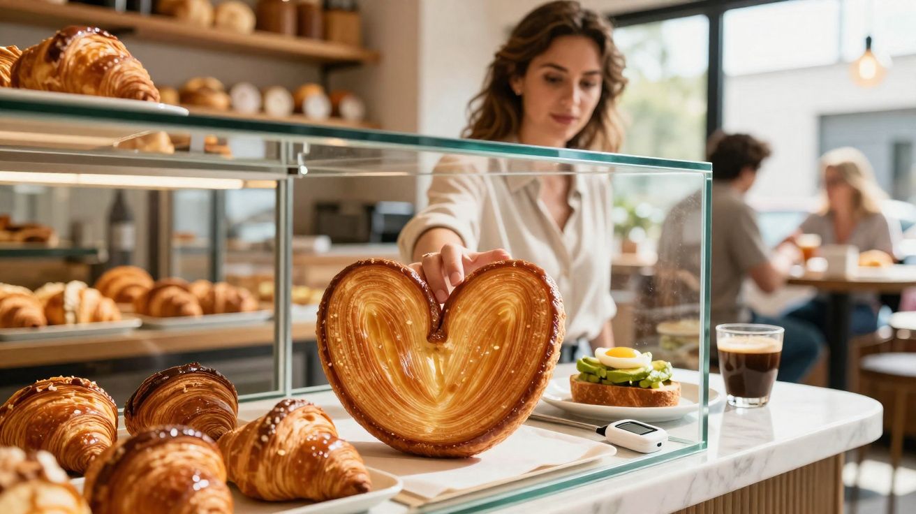 Mulher a pegar pastel de coração numa pastelaria com croissants e clientes ao fundo.