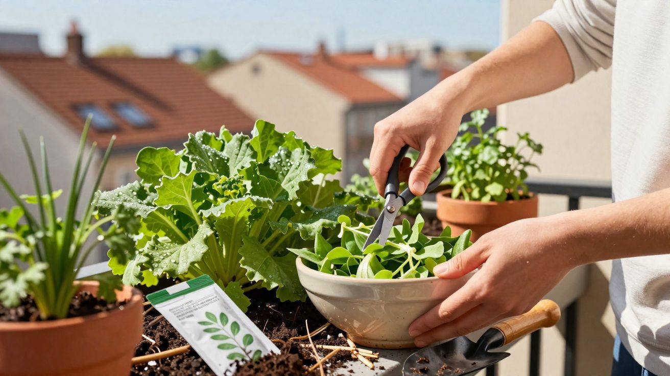 Mãos colhendo folhas verdes numa tigela, com várias plantas e utensílios de jardinagem num varandim.