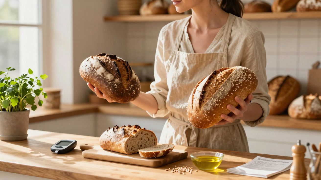 Mulher segurando dois pães artesanais numa cozinha com pão cortado e azeite na bancada.