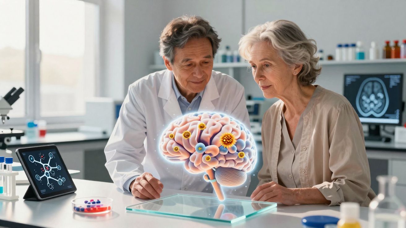 Médico e idosa analisam modelo digital de cérebro com representações de vírus em laboratório moderno.