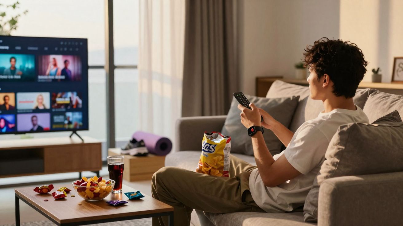 Jovem sentado no sofá a ver televisão com snacks e refresco numa mesa à frente, numa sala iluminada.