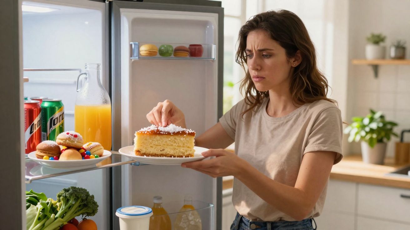 Mulher a pegar um pedaço de bolo numa cozinha, com frigorífico aberto cheio de comida e bebidas.