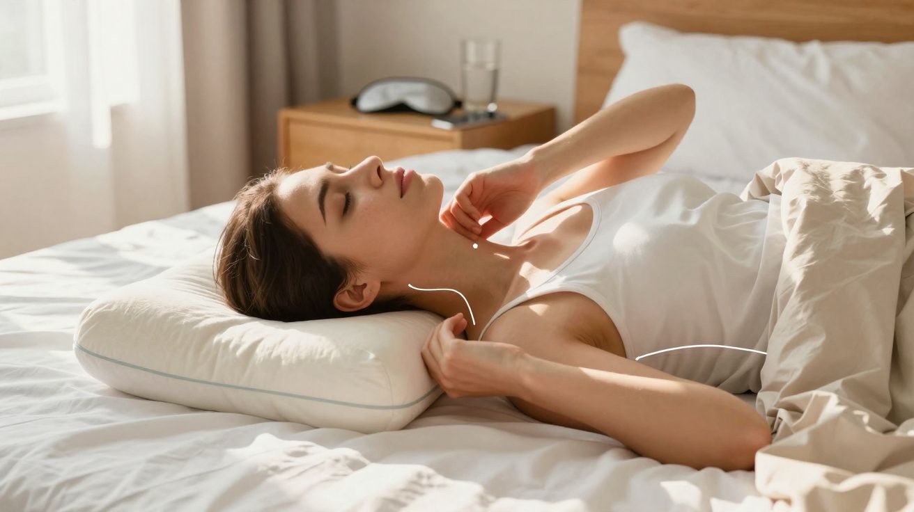 Mulher jovem deitada na cama com olhos fechados e roupas de dormir, relaxando com luz natural.