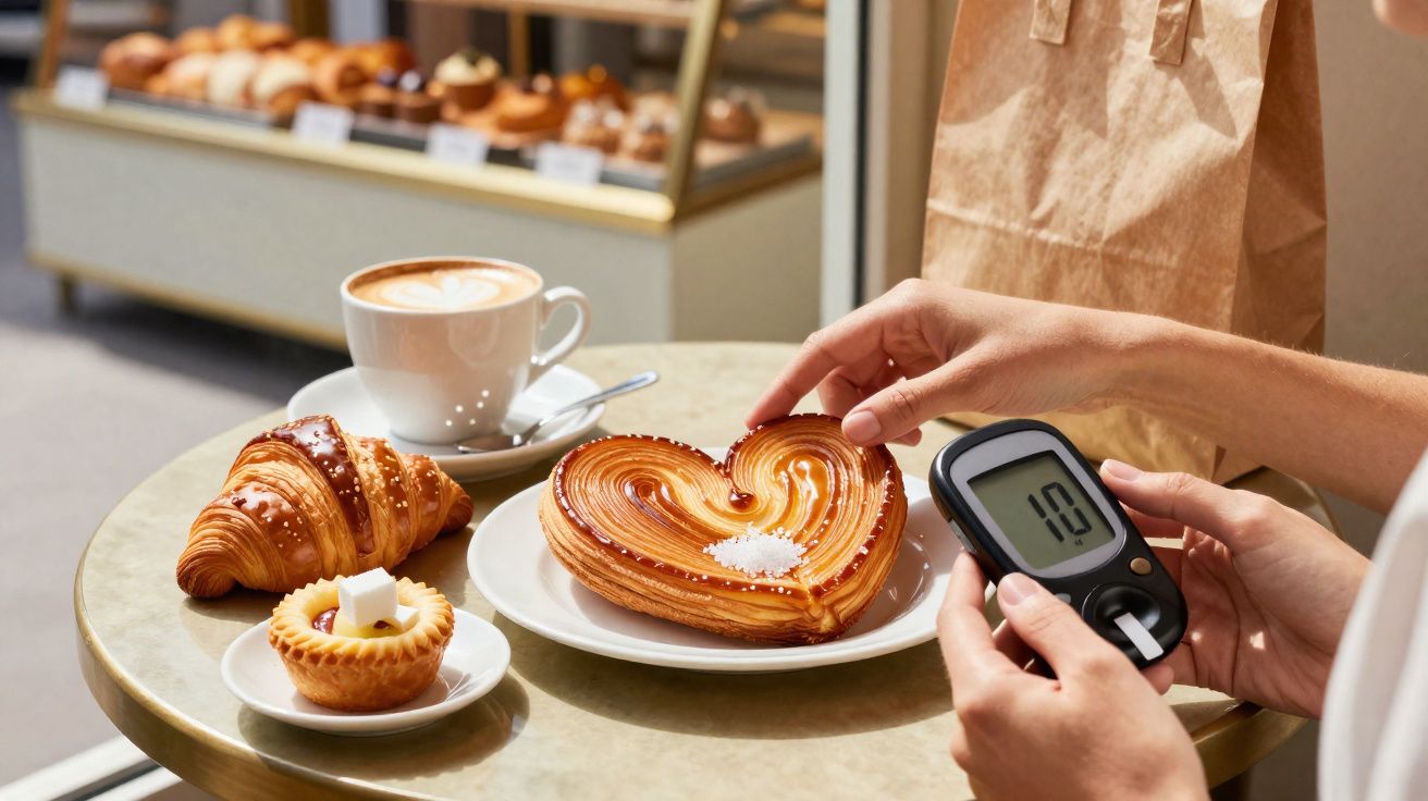 Pessoa a medir nivel glicémico enquanto segura pastelaria em forma de coração numa mesa com croissant, tarte e café.