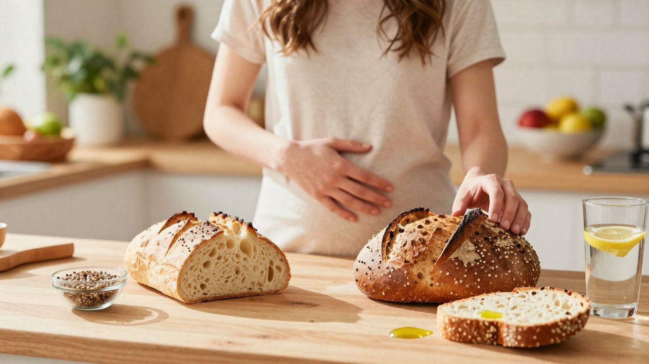 Pessoa segurando pão integral numa cozinha com copo de água e limão numa bancada de madeira.