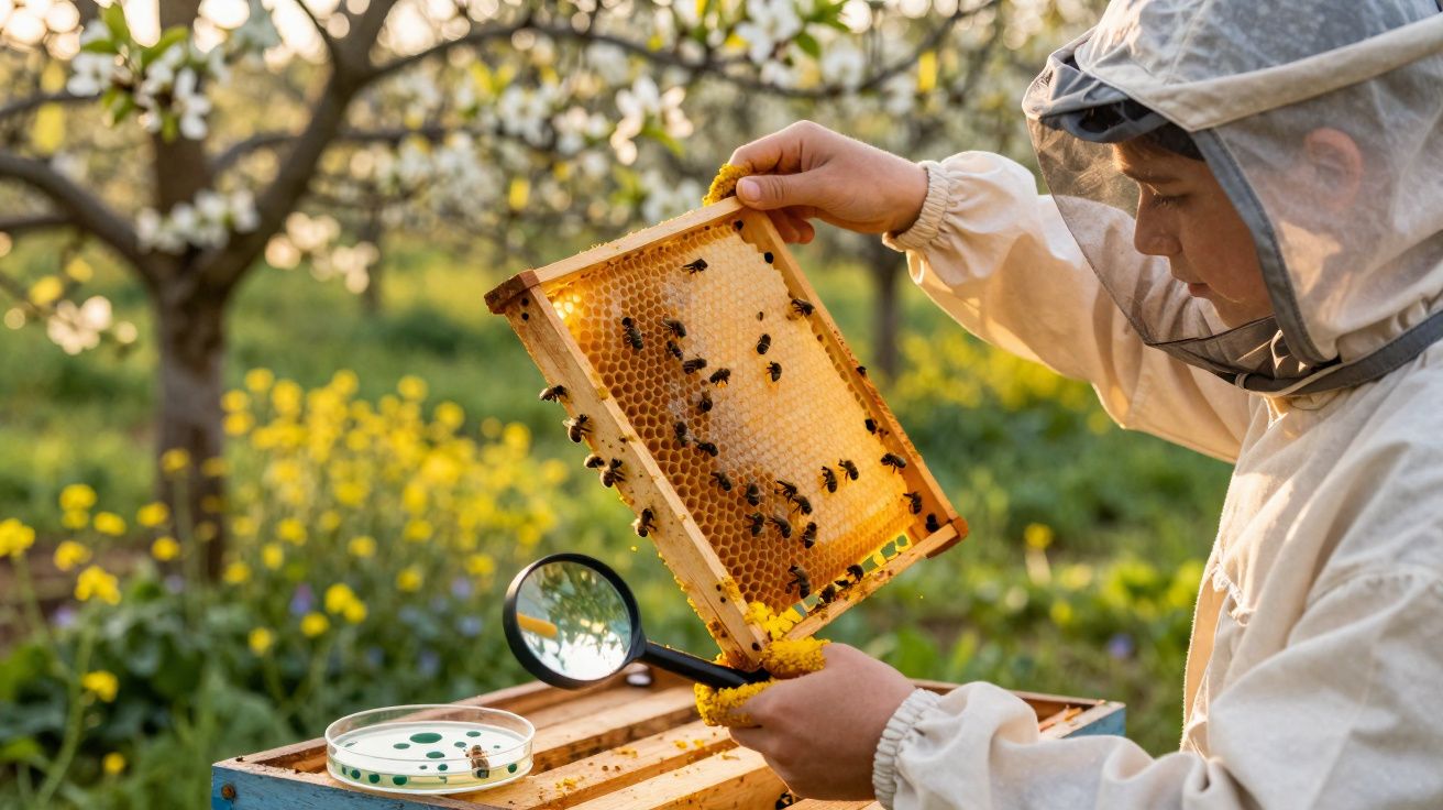 Apicultor a examinar uma colmeia com abelhas num pomar florido ao entardecer.