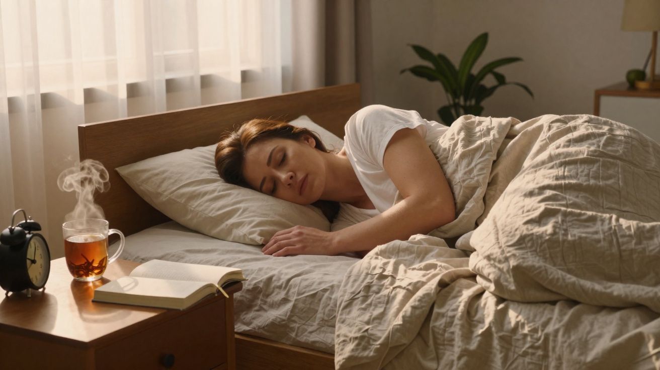 Mulher a dormir numa cama com cabeceira de madeira, com chá quente e livro numa mesa de cabeceira.