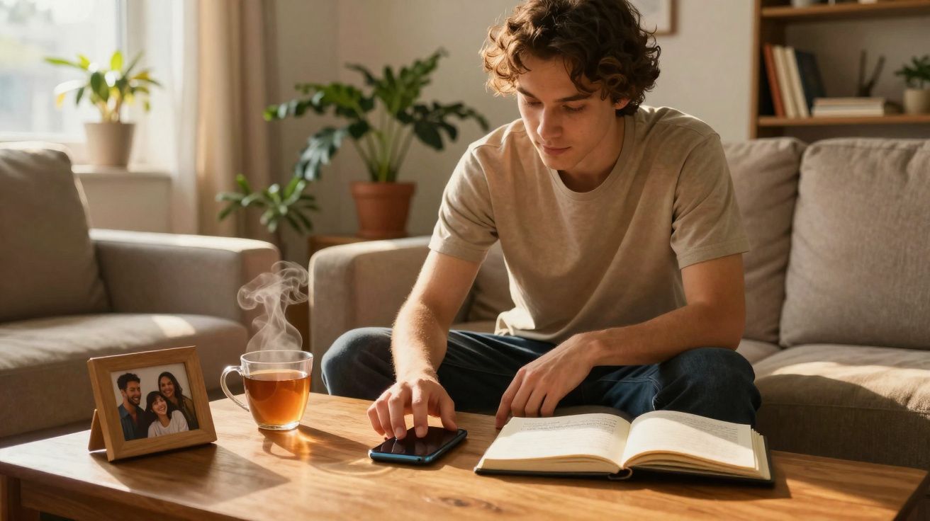 Jovem sentado no sofá a ler um livro enquanto usa um smartphone numa sala acolhedora com chá e planta.
