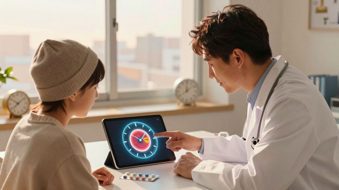 Médico explica resultados num tablet a paciente com gorro dentro de consultório iluminado pela luz do dia.