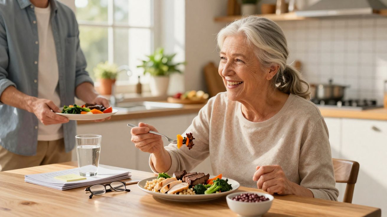 Mulher idosa sorridente a comer refeição saudável num ambiente de cozinha acolhedor.