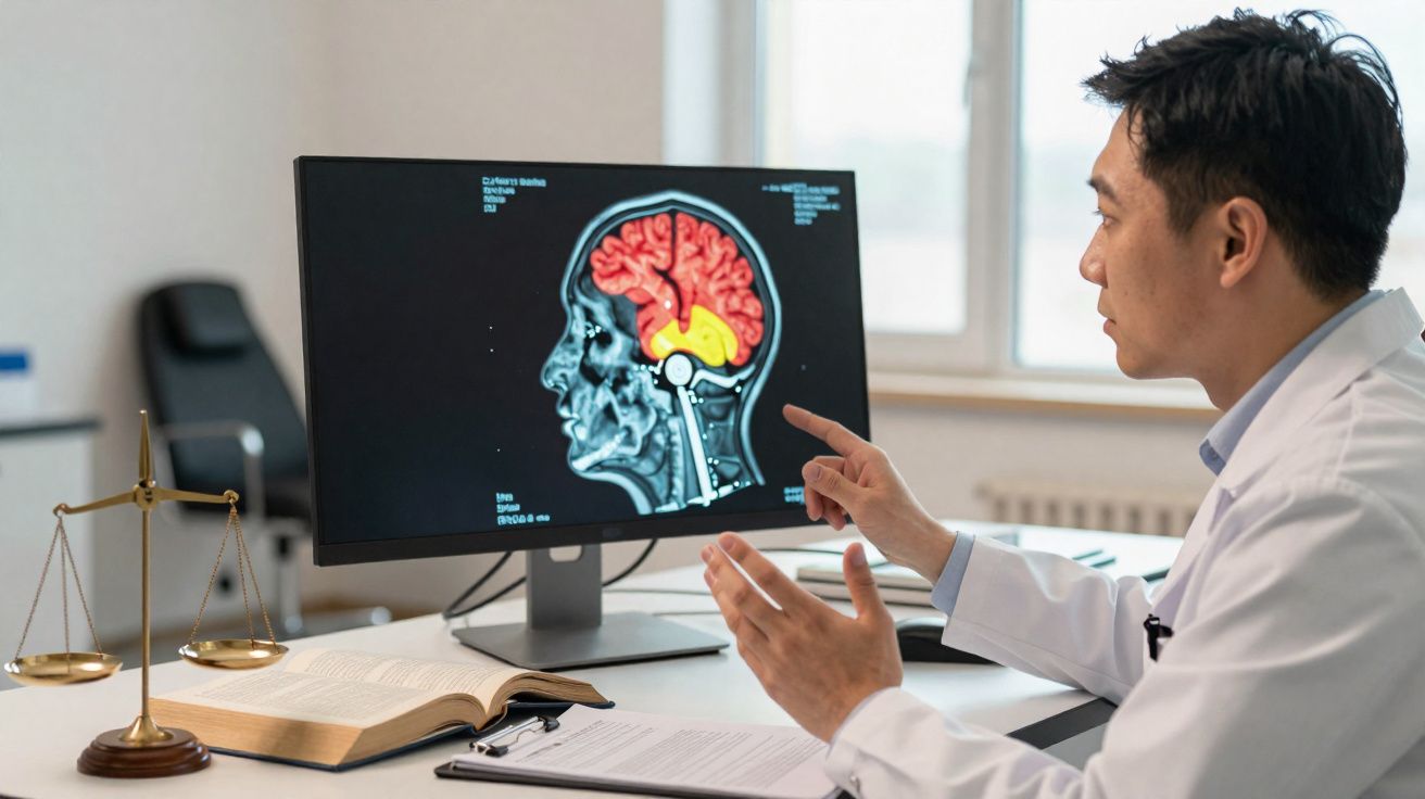 Médico explicando imagem de ressonância magnética do cérebro num monitor, com livro e balança na mesa.